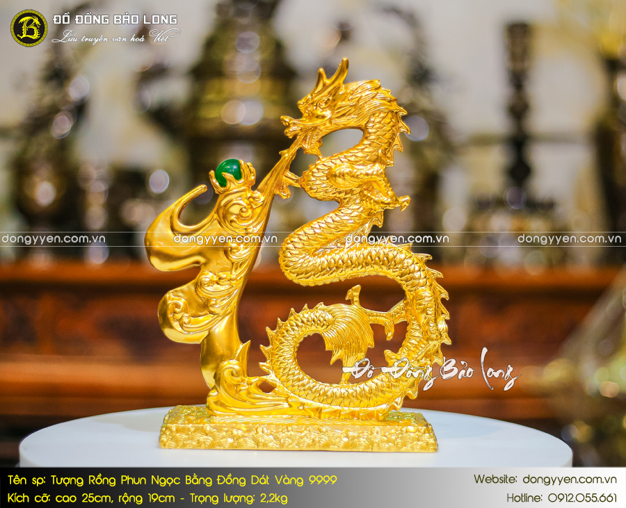 tượng chữ phúc hóa rồng bằng đồng dát vàng 9999 cao 25cm 
