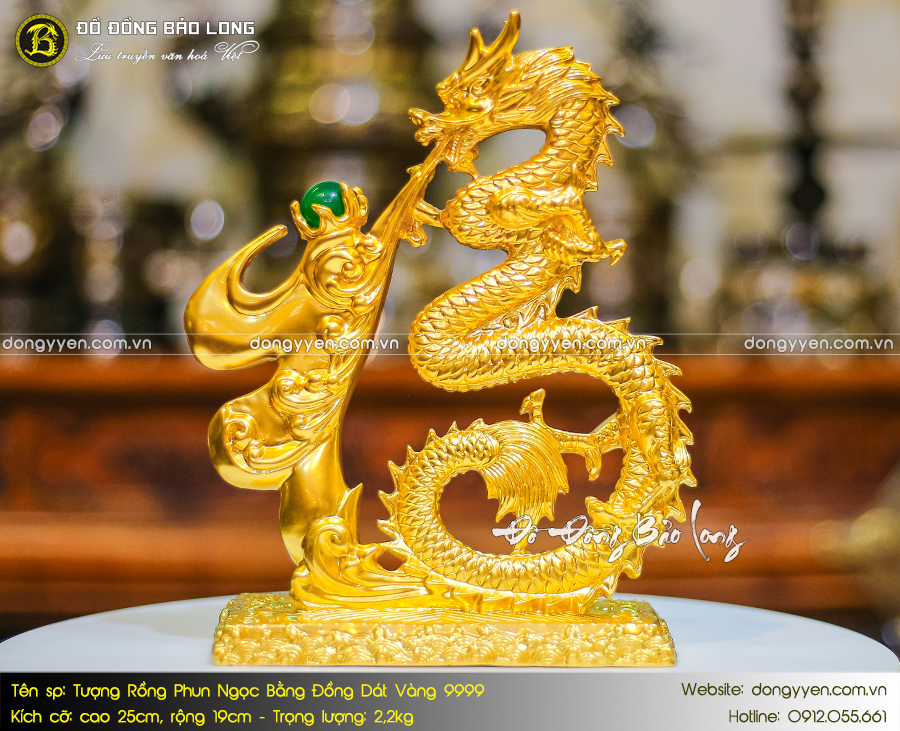 tượng chữ phúc hóa rồng bằng đồng dát vàng 9999 cao 25cm 