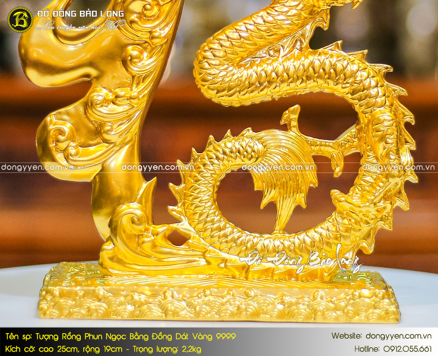 tượng chữ phúc hóa rồng bằng đồng dát vàng 9999 cao 25cm