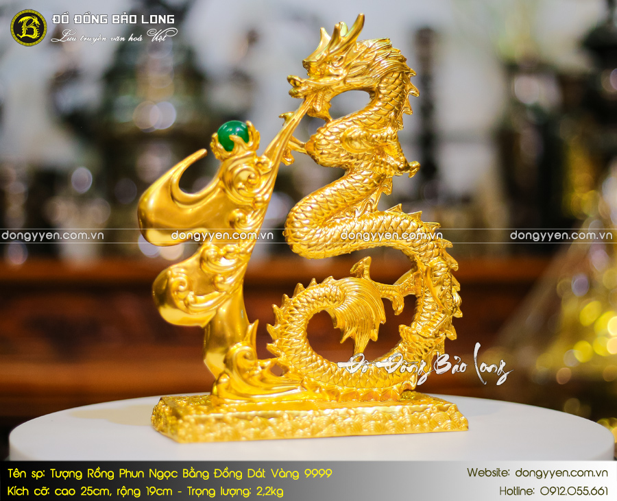 tượng chữ phúc hóa rồng bằng đồng dát vàng 9999 cao 25cm 