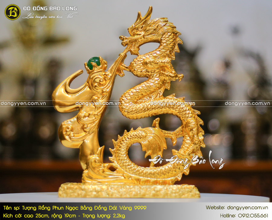 tượng chữ phúc hóa rồng bằng đồng dát vàng 9999 cao 25cm 